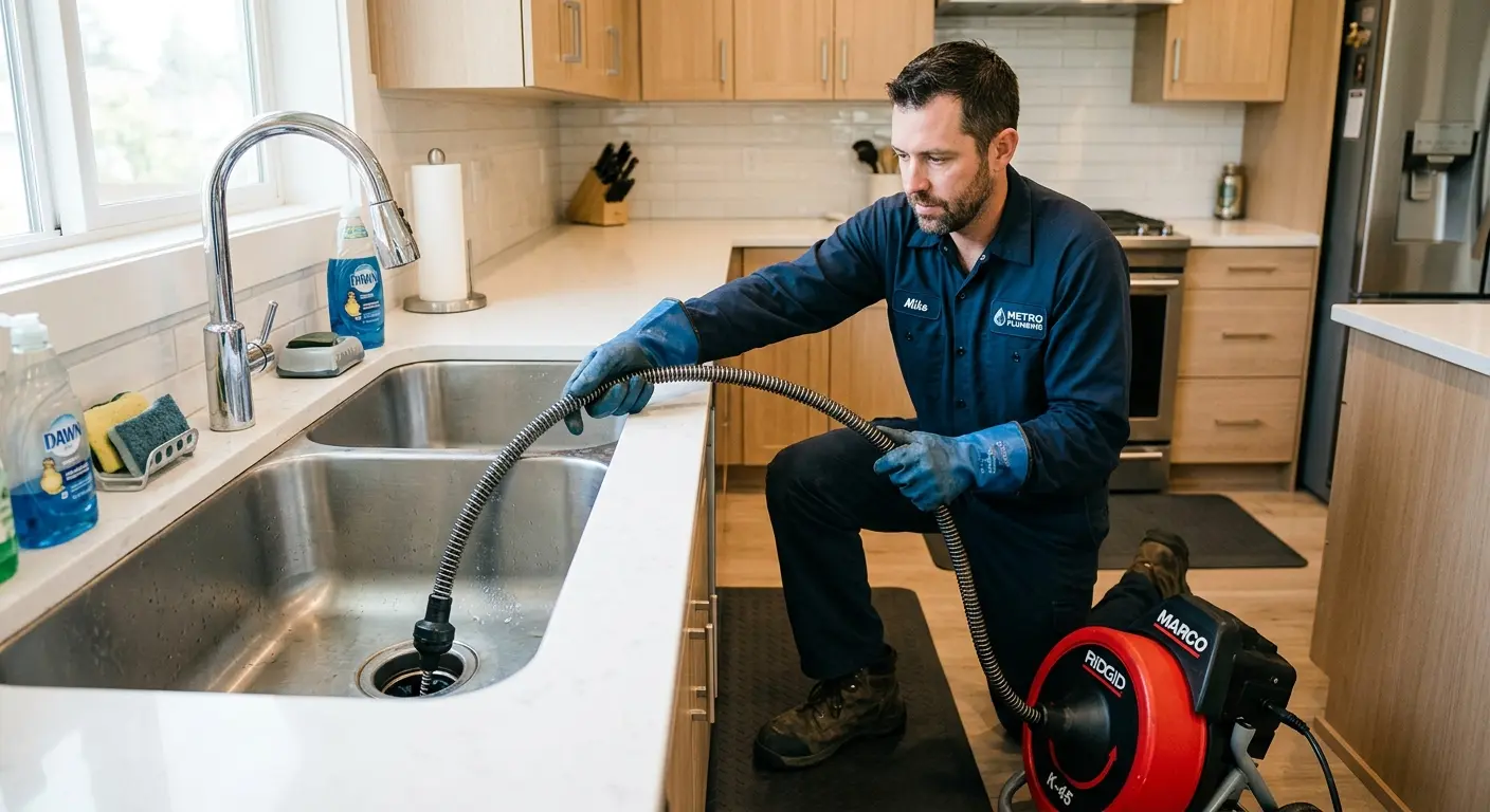 Drain cleaning technician using a motorized snake on a kitchen sink in North Cornwall
