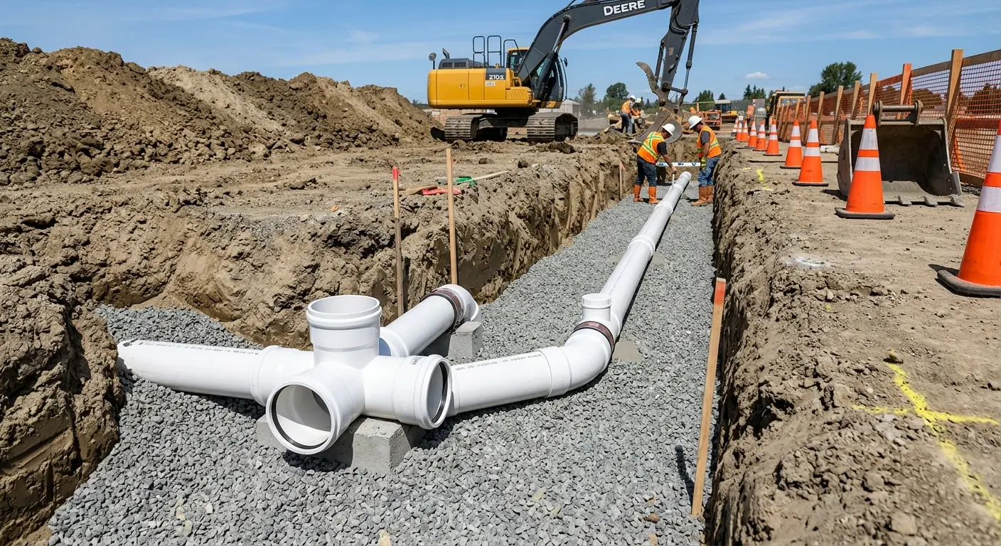 New PVC sewer pipe installation in open trench for Sewer Backup in North Cornwall