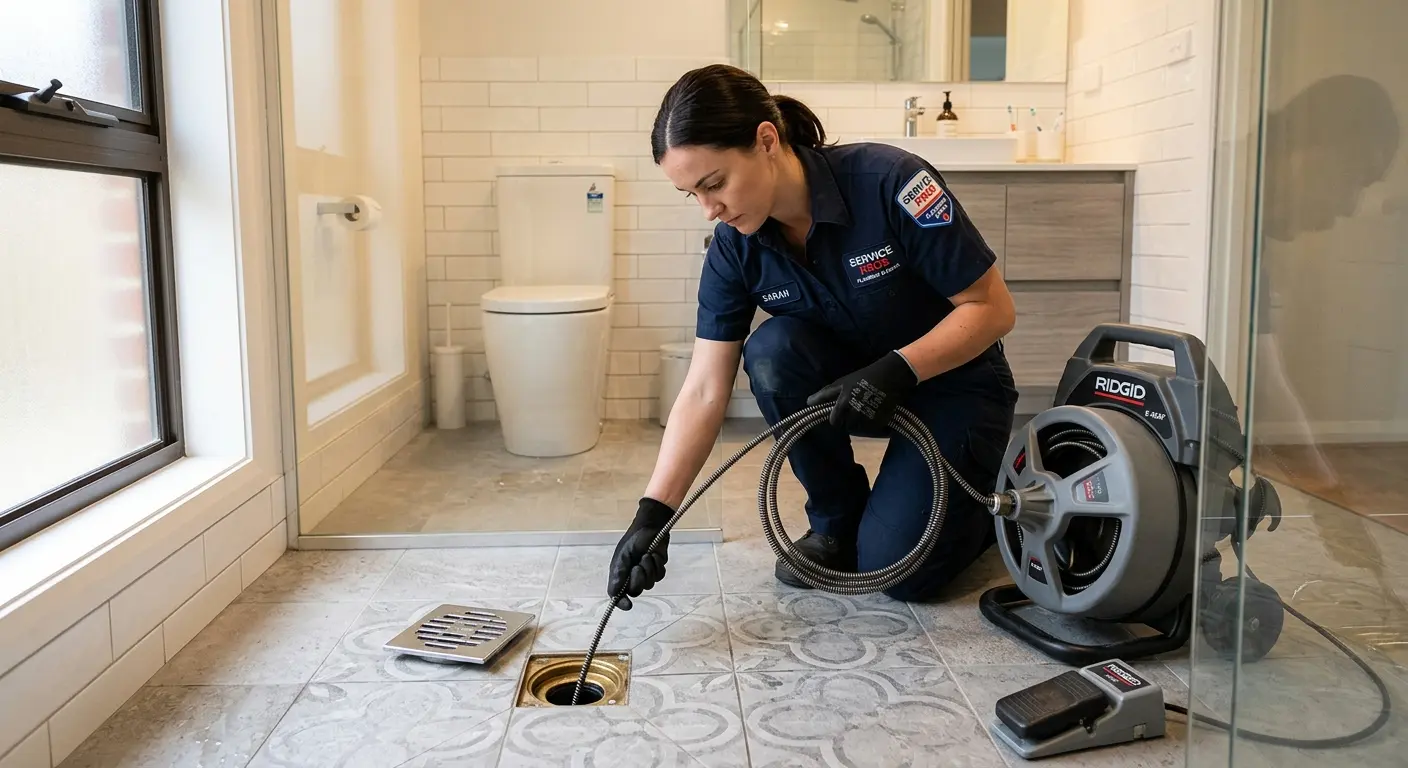 Technician clearing a bathroom floor drain for Drain Cleaning in North Cornwall